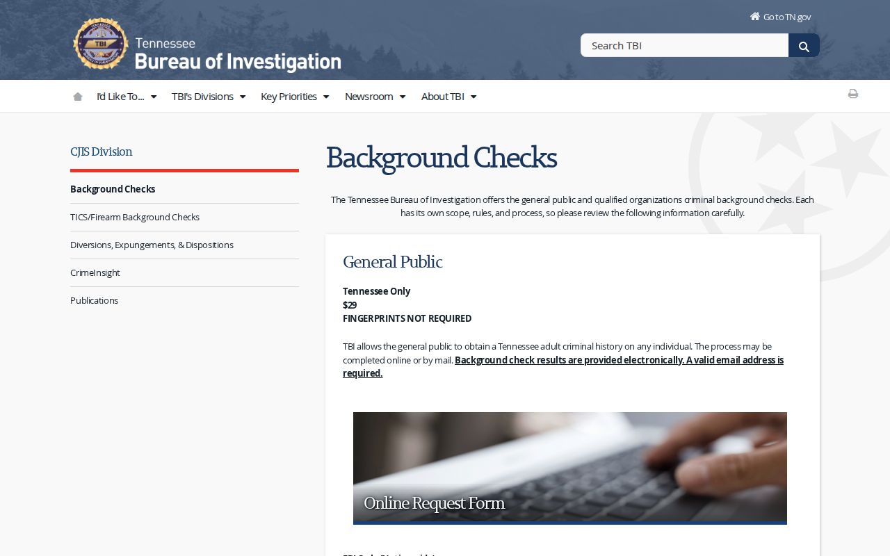 Van Buren County warrant search: TBI criminal-history scope and fee page